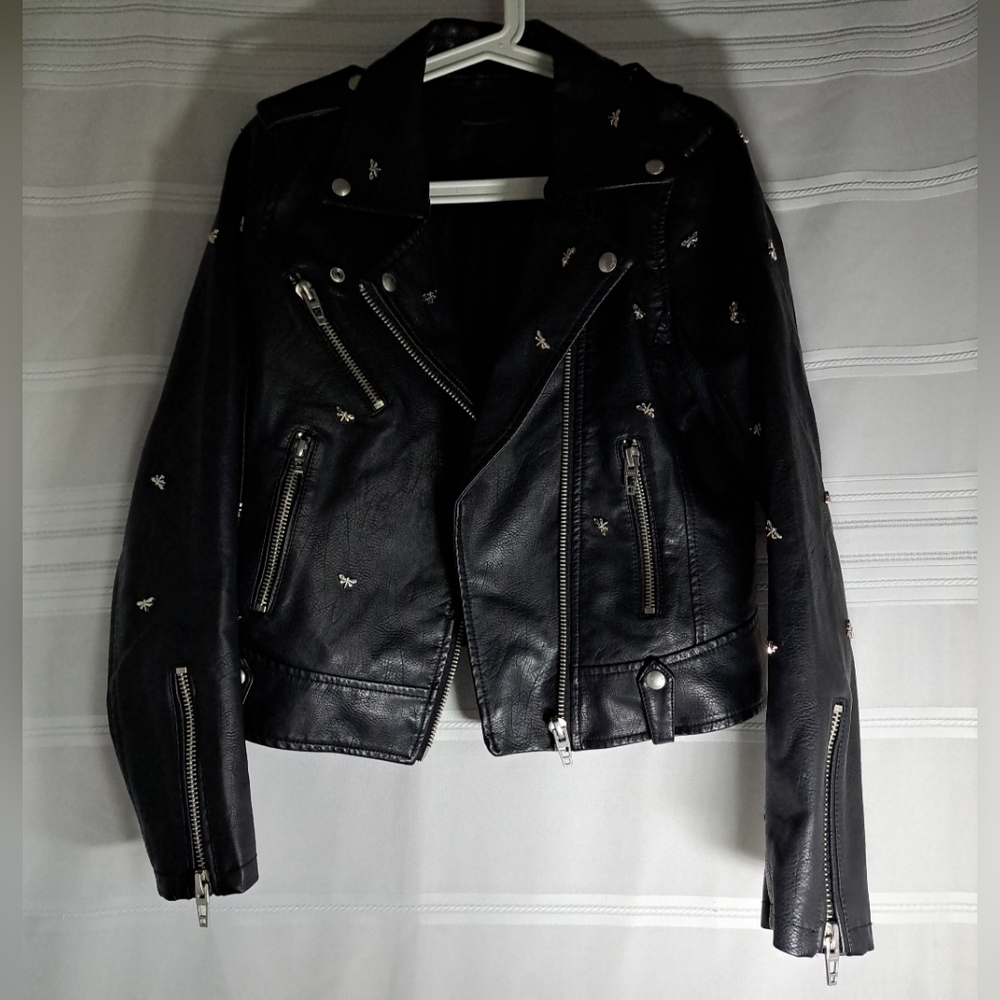 BLANKNYC Denim Dragonfly Stud Moto Faux Leather Jacket - Black - Medium